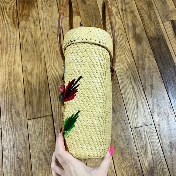 Vintage Straw Woven Tote Bag Floral Feather Embroidery‎ Top Handle Clutch - Picture 4 of 9